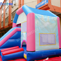 Opblaasbare springkasteel met glijbaan, roze blauw springkussen combinatie voor kinderen voor thuis, achtertuin en buitenspelen