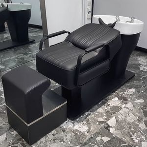 Cama de Lavado Semi-Reclinable de Alta Gama para Salón, con Lavabo de Cerámica, Tapicería de Cuero, Espacio de Almacenamiento y Diseño Personalizable para Barberías - Product Image 1