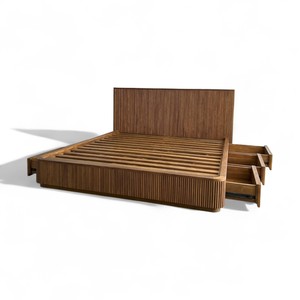 Mid-Century Modern Solid Teak Wood Platform Wall <b>Bed</b> Frame King <b>Size</b> Fluted Storage Drawers Hand Eco-Friendly Fluttedstorage Mid - Product Image 3