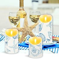 Lot de 3 bougies LED sans flamme à piles en cire de paraffine, motif étoile de mer bleue et coquillage, imprimé océan côtier, décoration d'intérieur estivale
