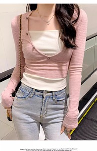 T-shirts à manches longues respirants pour femmes, couleur printemps-automne, col semi-ouvert, finition délavée, bas ajusté, superposé, bleu et <span class=keywords><strong>blanc</strong></span> - Product Image 2