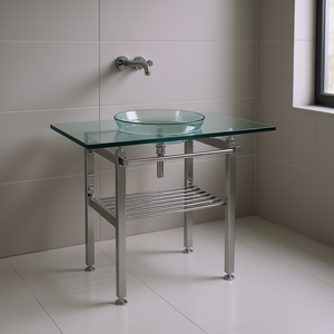 Tempered Glass Wash Basin 60x48cm Round Countertop Mounted Stainless Steel Frame Bathroom Sink Minimalist Design - Product Image 2