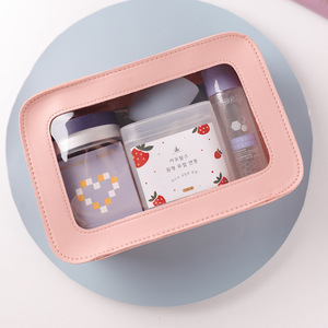 Korean style trendy <b>makeup</b> <b>bag</b>, portable leather and PVC patchwork toiletry <b>bag</b>, large capacity travel organizer. - Product Image 3