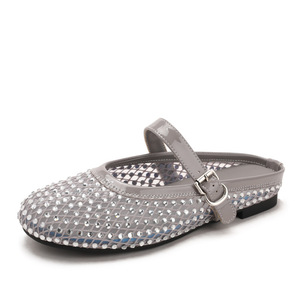 New Arrival Ladies <b>Half</b> Slide Sandals Woven Hollow Design Rhinestone Mesh Breathable One Strap Buckle Shoes - Product Image 5