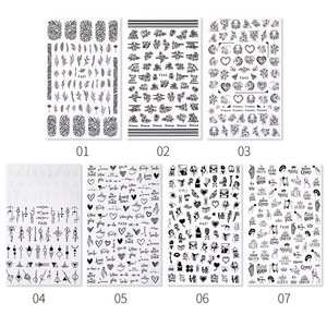 En vrac <span class=keywords><strong>manucure</strong></span> populaire adhésif presse sur les ongles colle <span class=keywords><strong>noir</strong></span> blanc fleurs amour français romantique dessin animé nouveau décalque nail art autocollant - Product Image 5