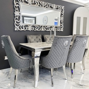 Set meja makan persegi panjang, mewah dengan 6 kursi dasar baja tahan karat dengan atasan marmer untuk furnitur ruang makan - Product Image 3