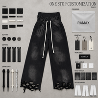 Celana Sweatpants Lebar RAMAX Hitam Dicuci Model Distressed dengan Ujung Robek, Pakaian Streetwear Kustom, Grosir, Pabrik, Supplier