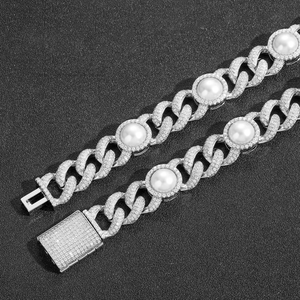 Hip Hop 15mm Pearl <b>Cuban</b> <b>Chain</b> Hip Hop Bracelet Men's Accessories Tanjing Fashion Lijing Necklace - Product Image 2