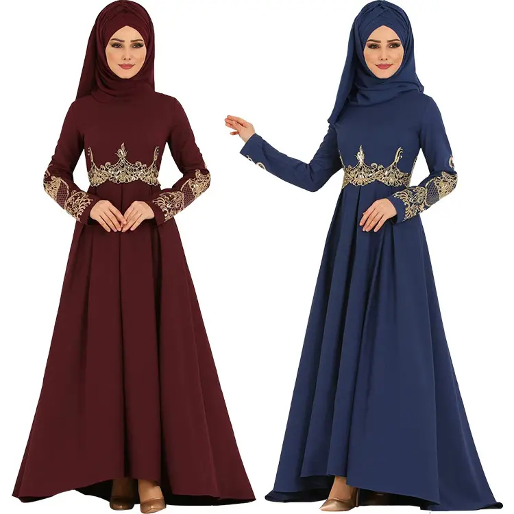 Nuevo diseño Indonesia islámico transpirable color puro Spandex ropa musulmana abaya bordado Collage robe