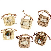 Mini sac en paille de raphia tressé à la main avec logo personnalisé, breloque vintage, petite pochette, porte-clés à fermoir mousqueton, pendentif de sac à main de plage bohème pour femme