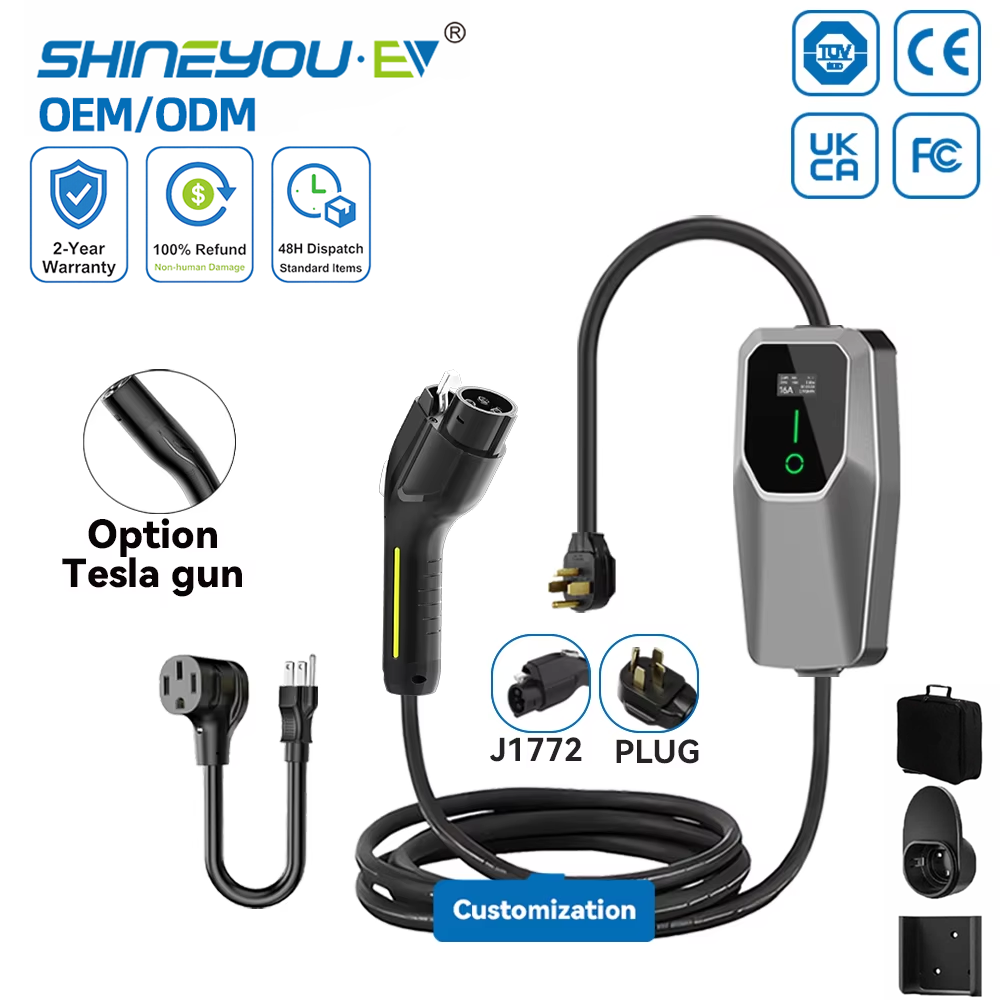 Factory Direct Custom 16A/32A/40A Portable EV Charger NEMA Plug Type 1(SAE J1772)/NACS 3.6/7.4/9.6KW Fast Charging Station EVSE
