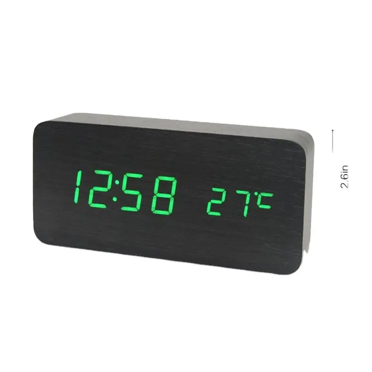 Jam Alarm LED Digital, elektronik kayu dengan tampilan waktu/temperatur/tanggal kontrol suara 3 tingkat kecerahan USB Ch