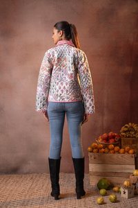 Floral Patchwork Quilted Knitted Short Cotton <b>Jacket</b> Handmade <b>Kantha</b> Style Block Printed Spring Women's <b>Jacket</b> - Product Image 5