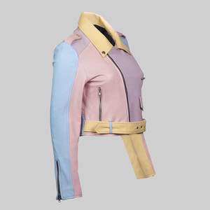 เสื้อแจ็คเก็ตหนังเทียมทรงครอปสีพาสเทลรุ้งสำหรับผู้หญิง ระบายอากาศได้ดี ปิดด้วยซิป ดีไซน์ทันสมัย เสื้อคลุมตัวสั้นสำหรับฤดูหนาว สวมใส่สบายๆ - Product Image 2