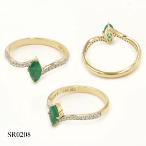 Bague en or 14 carats avec émeraude (Marquise) 0,38 CT, diamant blanc (rond) 0,19 CT, bague sertie de pierres précieuses, bagues en or 14 carats - Product Image 1