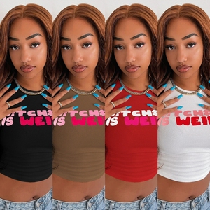 198 Nuevas camisetas cortas elásticas con estampado de letras para mujer - Product Image 3