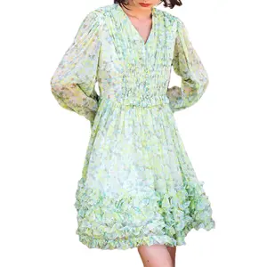 Metropolitan Grace Designer Long Sleeve Mini Chiffon Dress French Vintage Style Short Skirt Low MOQ Ladies Garment