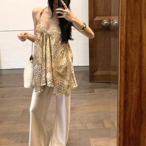 Conjunto de Dos Piezas Estilo Coreano Vintage con Estampado de Leopardo, Camisola Halter y Pantalones Rectos Color Champán, para Mujer, Verano, Casual, Nailon/Algodón - Product Image 4