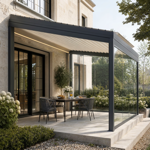 Pérgola Bioclimática Inteligente RKOV de Montaje en Pared, Puerta Corredera de Vidrio, Techo con Persianas Motorizadas Giratorias, Tamaño Personalizado 4x6m, Aluminio, Patio - Product Image 1