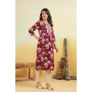 Moda Floral impreso puro algodón recto Kurta para mujeres elegante traje indio para ocasiones especiales en precio al por mayor - Product Image 3