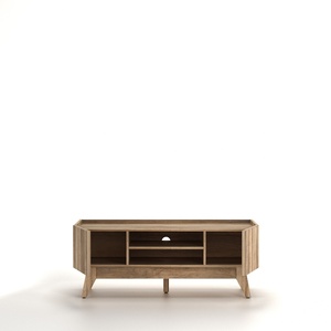 Meuble TV moderne en chêne cannelé avec accents en pierre et rangement - Product Image 1