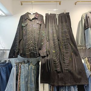 JM-Large-size Diamond-<strong>studded</strong> Washed Denim <strong>Blouse</strong> for Women - New High-end Wide-leg Denim Pants Set - Product Image 2