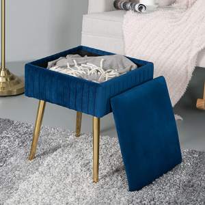 Tabouret rembourré en velours <span class=keywords><strong>bleu</strong></span>, tabouret <span class=keywords><strong>de</strong></span> canapé <span class=keywords><strong>de</strong></span> rangement avec pieds en métal, adapté au salon et à la chambre à coucher - Product Image 4