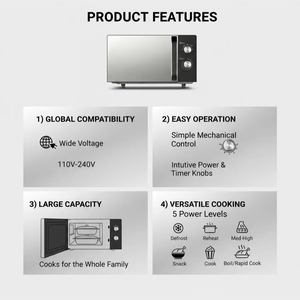 Nuevo Horno Microondas de Acero Inoxidable de 20L, Voltaje Global 110-240V, 700W, 5 Niveles de Potencia, Plato Giratorio Grande de 255mm, Temporizador de 35 Minutos - Product Image 4