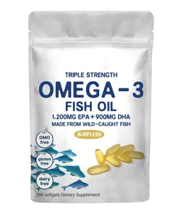 Vegetarian Capsules Triple Strength Omega 3 Fish Oil Supplements, Fish Oil Burpless Enteric-Coated Technology