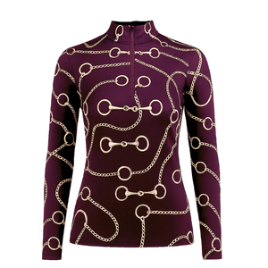 Haut d'entraînement ajusté pour femme, couleur violette, avec motif chaîne dorée et fermeture éclair sur le devant, pour l'équitation - Product Image 1