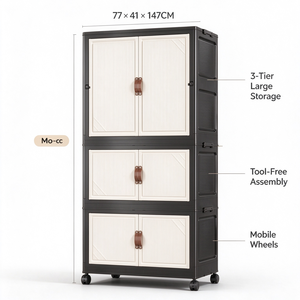 Armário de Plástico Preto Dobrável de 3 Camadas de 77CM, Guarda-Roupa Moderno para Quarto com Rodas para Roupas e Brinquedos de Bebê - Product Image 5