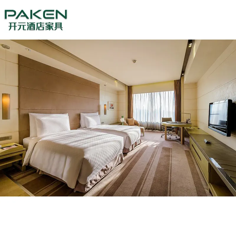Mebel Kamar Tidur Hotel Bisnis Kustom Set Lengkap Tempat Tidur Furnitur Ukuran Kembar untuk Hotel