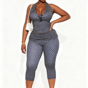Women's New Polka Dot Slim-Fit <b>Sexy</b> Halter Neck Tie-Front Crop Top & Cropped Pants Casual 2-Piece <b>Set</b> Fashion - Product Image 1
