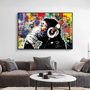 Arte della parete dipinti su tela cornici da parete decorazione della casa soggiorno arte con Modern Monkey <span class=keywords><strong>Art</strong></span> Colorful Baboon ascolta la musica - Product Image 2