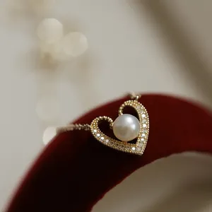 Collar de corazón de perla chapado en oro de 18 quilates de plata de ley S925 de lujo ligero, joyería fina para mujer