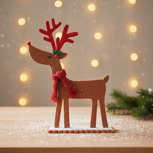 カスタムロゴ入りホリデーテーマの赤いフェルト製大型トナカイのクリスマスオーナメント - Product Image 1