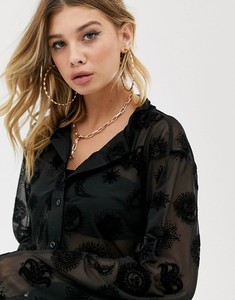 king Young Laser Burn Out Lady Sun and Moon Design Black <strong>Revere</strong> <strong>Collar</strong> Fitted Button Front Sheer <strong>Shirt</strong> Women - Product Image 4