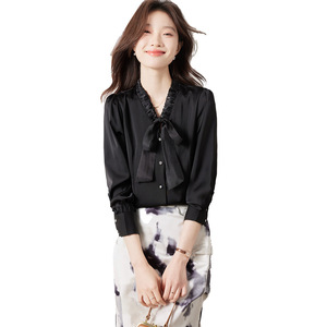 Women's White Blouse With Bow Tie Long Sleeve Solid Color Office Shirt Poplin Fabric Q9952 - Product Image 5