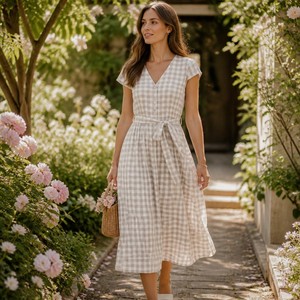 <span class=keywords><strong>Tissu</strong></span> tissé en lin pur à 100% à carreaux gingham pour robes et chemises - Product Image 3