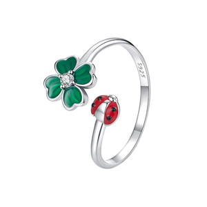 UMジュエリー 925スターリングシルバー エナメル加工 調節可能な婚約指輪 結婚指輪 高級リング ユニークなオープンリング 華奢な彫刻入りハンドジルコンクローバー - Product Image 1