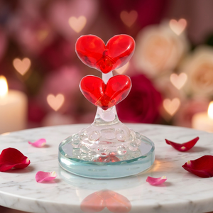 Sculpture en verre soufflé à la main, double cœur rouge sur base transparente, décoration pour la Saint-Valentin, thème amour, artisanat de style floral fait main - Product Image 2