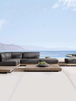 Ensemble de canapés d'extérieur en teck nordique, canapé d'angle, fauteuil, table basse, coussins épais - résistant aux intempéries pour hôtel, villa, jardins
