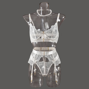 Ensemble de lingerie féminine de luxe en dentelle blanche 4 pièces, élégant, brodé, lingerie érotique, chaîne fantaisie, culotte transparente sexy, soutien-gorge - Product Image 2