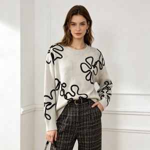 Damen Pullover mit abstraktem Linienkunst-Blumendruck, lässiger Rundhalsausschnitt, Oversize, langärmlig, OEM, individuell anpassbar, für den Alltag - Product Image 4