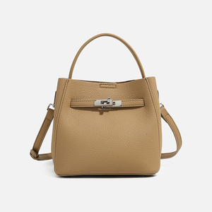 Women's Genuine Leather Tote Bag With Lock Closure Removable Strap Classic Style Daily Use <b>Handbag</b> Beige Color - Product Image 1