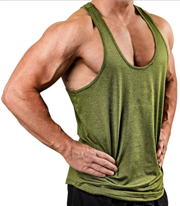 Muscle fit men's polyester/spandex workout cationic fitness quick dry stringer drop armhole racerback tank top