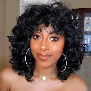 Rebecca Short Wigs For Black Women Curly Afro Kinky Wavy Wig With Bangs Black Natural Looking Synthetic Hair Replacement Wigs