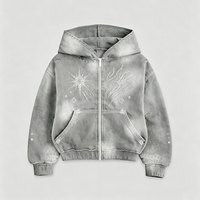 Hoodie Heavyweight Zip Up Acid Wash dengan Pola Bintang Berhias Rhinestone, Streetwear Oversized Distressed untuk Pria