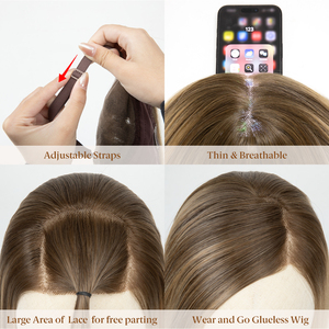 Topper de Cabello Sintético <span class=keywords><strong>Rubio</strong></span> Premium Fibra Futura <span class=keywords><strong>con</strong></span> Base Mono y Encaje Frontal Atado a Mano, Sin Pegamento, de Alta Calidad al por Mayor para Mujer - Product Image 4
