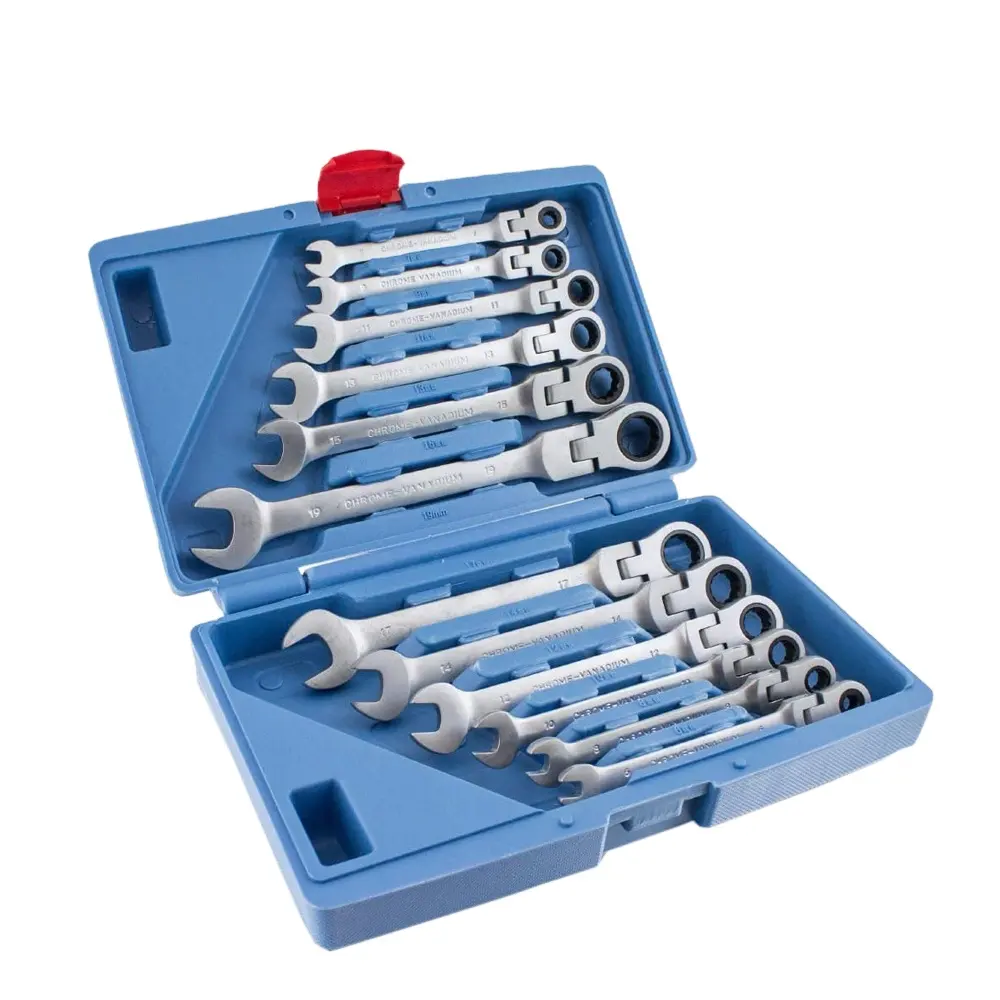 Ratchet Wrench Set 12 Potongan Krom Baja Vanadium Open-End Spanner Set dengan Ratchet Fungsi 6-19 Mm-Kunci Pas Set dengan Case